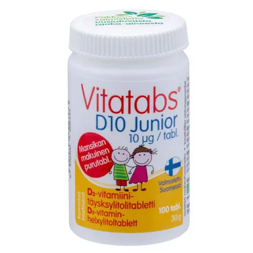 Vitatabs D10 Junior – таблетка с витамином D3 и полностью ксилитовой основой, 100 шт.